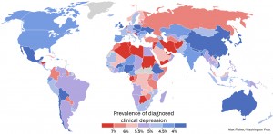 El color rojo expresa las tasas de depresión más altas. El color azul los países que tienen tasas de depresión más bajas. (Max Fisher / The Washington Post)